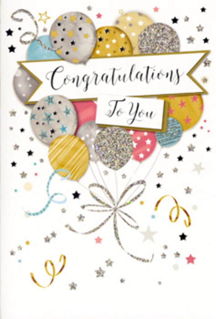 A refined congratulations card sits poised as though ready to be slipped beside a bouquet in a Marylebone doorway, its artwork quietly radiating celebration. At the heart of the design, an airy bunch of illustrated balloons gathers together, their rounded shapes overlapping in a soft cascade of champagne, antique gold, brushed silver, pale blue, rose pink, and dove grey. Each balloon carries its own character: some are scattered with tiny metallic stars, others are traced with slender stripes or dusted in subtle glittering patterns, evoking the feel of specialty papers you might find in a small shop off Marylebone High Street. The strings trail down in looping, metallic lines of gold and silver, intertwining like delicate calligraphy strokes and finishing in whimsical curls that echo party ribbons left on a table after an evening of toasts. Around this central cluster, the pale background is gently animated with floating stars, dots, and curling streamers, as if confetti were caught mid-air in the light breeze that drifts down from Regent's Park. A soft, ribbon-like banner arcs through the middle of the balloons, carefully shaded to appear folded and three-dimensional, bearing the words Congratulations To You in flowing script that brings both class and heartfelt sincerity. The overall mood is one of polished joy and thoughtful recognition, ideal for celebrating a promotion in an office near Baker Street, a graduation shared over lunch on Marylebone Lane, or any treasured success where you want your message of pride and happiness to feel as considered and special as a hand-tied bouquet from a trusted local florist.