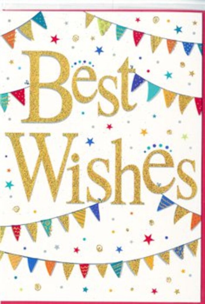 Set against a crisp white background, this congratulations card captures the essence of a lively yet elegant celebration, the kind you might imagine spilling out of a Marylebone townhouse onto a sunlit balcony. Dominating the centre, the phrase Best Wishes appears in generous, looping gold script, each letter slightly raised and finished with a gentle glittery sheen. The gold has a warm tone, more like polished jewellery than harsh metallic, softening the overall look while still clearly drawing the eye. Encircling this heartfelt message, strands of colourful bunting swoop across the top and bottom in relaxed, graceful arcs. Each tiny pennant is different: one may show bright turquoise with minuscule white dots, another a rich red with subtle glittering lines, another a clear emerald green that adds depth without fuss. These flags are arranged in a rhythm of complementary shades, echoing the playful mix of colours found at local Marylebone markets and community events. Between the bunting strings, small five-pointed stars and round confetti dots dance freely, scattered in varying sizes so that some appear to sparkle closer to the viewer while others seem to hover in the distance. They are rendered in the same bright palette-blues, reds, yellows, and greens-creating a feeling of motion, as though the card has captured the moment confetti hangs in the air just after being thrown. The balance of white space, golden lettering, and colourful decoration keeps the design both jubilant and refined, making it ideal to accompany fresh flowers sent to congratulate someone on a promotion, exam success, or new chapter in life anywhere across Marylebone and the surrounding central London streets.