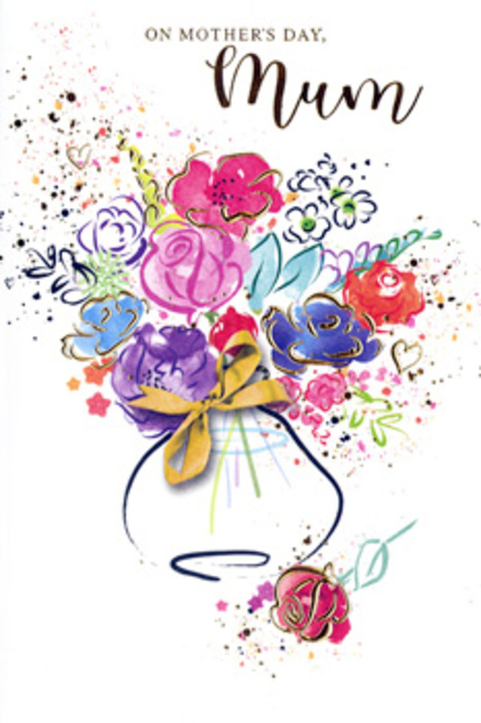 On this Mother's Day card, a vibrant, free-flowing bouquet is rendered in sweeping watercolour strokes, as if captured in a fleeting moment by a florist pausing between deliveries in Marylebone. At the centre, lush flowers in saturated tones of fuchsia, cerise, and crimson bloom open, each petal softly edged in moody indigo that gives a sense of structure without losing their airy charm. These bolder tones are balanced by cooler blossoms in powder blue and lavender, with hints of apricot and soft peach glimmering at the edges like sunset light along Baker Street. Fine filigrees of gold outline selected petals and leaves, lending a subtle sparkle that recalls the way fresh flowers gleam under shop lights in a local Marylebone studio. Around the arrangement, scattered paint splatters, tiny hearts, and loose strokes in complementary colours spill outward, suggesting laughter, hugs, and the easy chaos of family life. The vase beneath the bouquet is hinted at rather than sharply rendered, its gentle curve anchoring the abundance of colour above, with a golden bow echoing the careful finishing touches used by professional florists when tying a hand-tied bunch. The white background keeps the composition bright and open, allowing each hue to breathe and sing. This illustrated bouquet feels both modern and timeless, a paper keepsake that mirrors the emotion behind it: deep gratitude, quiet admiration, and the comfort of knowing a mother's love is always close, whether you're sharing breakfast near Marylebone Station or sending your love from afar.