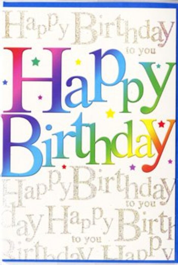 This birthday card design feels like a little party captured on paper, the kind of card a Marylebone florist might display beside a colourful birthday bouquet. The front is completely taken over by the words Happy Birthday, written in bold, rounded capital letters that run from edge to edge in confident arcs. Each letter is saturated with a different shade, forming a smooth rainbow progression from rich berry reds into warm pinks, cool blues, vibrant greens, and bright citrus yellows, like a row of gift bags lined up in a Marylebone High Street shop window. The colours overlap slightly at their boundaries, creating soft transitions that look almost airbrushed, giving the letters depth and a brushed, velvety texture. Behind this commanding phrase, the entire background glows with a subtle metallic sheen, covered in continuous lines of Happy Birthday to you written in delicate, looping gold script. The words repeat rhythmically, like a gentle chorus of friends singing in the background at a birthday lunch near Paddington Street Gardens. The golden script catches even the faintest light, glimmering like fairy lights reflected in a café window on an early evening walk through Marylebone Village. Scattered sparingly among the letters are tiny stars and confetti-like flecks in coordinating rainbow shades, placed just enough to add movement and festivity without overwhelming the design. The card's edges are clean and crisp, suggesting a smooth, high-quality finish that feels luxurious when held in the hand. Overall, the effect is joyful but not childish - a refined celebration that would suit a milestone birthday, whether it's laid beside a bouquet of bright blooms in a Marylebone flat or opened at a cosy family gathering just off Gloucester Place.
