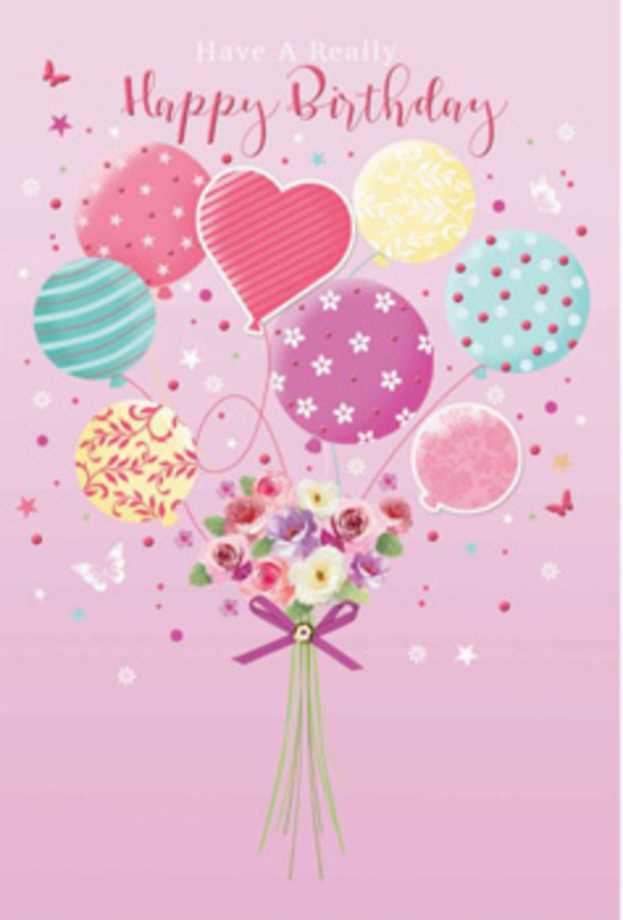 Charming illustrated birthday card scene showing pastel balloons lifting a dainty, hand-tied bouquet, echoing the light, festive spirit of a birthday morning in Marylebone. The background is a gentle, powdery pink that feels like first light over Regent's Park, calm yet full of possibility. At the base of the design sits a compact garden-style bouquet: petite roses and soft, daisy-like blossoms shaded from cream through blush to rose, with hints of mauve at the petal edges. The flowers appear freshly gathered, stems carefully aligned and tied with a glimmering purple ribbon that loops into a crisp bow, suggesting the steady hands of a skilled local florist. Rising from the bouquet is a cluster of pastel balloons in pale sunshine yellow, rosy fuchsia, sea green, and soft lavender. Each balloon carries its own animated pattern-dancing polka dots, swirling stripes, and tiny floral sprigs-that gives a sense of movement, as if caught in a light breeze blowing along Marylebone Lane. A heart-shaped balloon near the centre subtly draws the eye and adds a note of affection. Around the balloons flit small, whimsical butterflies and scattered star shapes, contributing to a dreamy, garden-party-in-the-sky atmosphere. The gentle highlights and shadows suggest soft daylight, making the balloons appear glossy and round while the flowers remain velvety and tender. The composition feels intimate yet uplifting, like a card tucked beside a box of birthday treats delivered to a townhouse near Chiltern Street, carrying a message of warmth, joy, and being truly cherished.