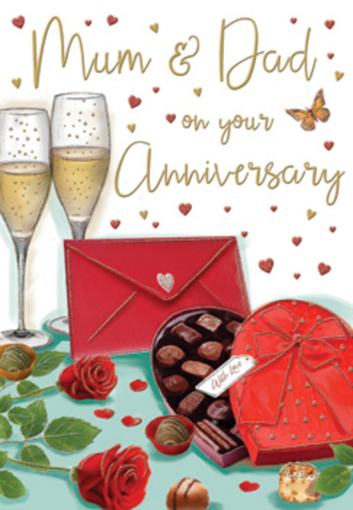 This anniversary card illustration evokes the feeling of an intimate celebration in Marylebone, as if set on a polished table in a flat overlooking the leafy calm of Regent's Park. Dominating the scene are two champagne flutes, tall and slender, standing shoulder to shoulder. Their crystal-clear glass catches soft highlights while inside, golden champagne rises in lively bubbles, suggesting the anticipation of a shared toast. Just below, a heart-shaped box of chocolates, the colour of deep scarlet, lies open. Its generous red bow, tied in a dramatic flourish, spills gently to one side, and inside, neat rows of chocolates sit nestled in their compartments, each one promising a different sweet surprise. To the left, a pair of luxurious red roses rests on a bed of fresh green leaves, the petals rich and velvety, arranged with the same care you might expect from an experienced Marylebone florist preparing a bespoke anniversary bouquet. A few individual chocolate pieces lie scattered across the surface, making the scene feel relaxed and lived-in rather than staged. A bright red envelope, sealed and slightly tilted, hints at heartfelt handwritten love notes or an anniversary message for Mum & Dad. Around the composition, tiny crimson and gold hearts drift against a pale background, like festive confetti floating in the soft light of a quiet evening off Baker Street. The overall tone is romantic but also deeply comforting, reflecting years of shared history, gentle humour, and the simple joy of marking another year together with flowers, chocolates, and a clink of glasses.