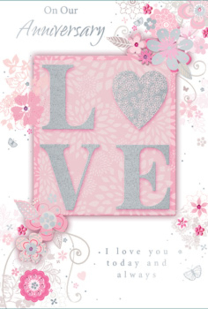 The anniversary card in this image is styled like a romantic keepsake one might find in a boutique just off Marylebone High Street, blending gentle colour, texture, and floral detail into a single, tender composition. At its heart lies the word LOVE, each letter softly raised from the surface, coated in a fine, frosted glitter that shifts between blush pink, pearly white, and delicate silver as the light moves. The embossing creates a tactile delight, inviting the fingertips to trace each curve and angle, similar to the way you might gently handle the petals of a favourite rose in a carefully arranged bouquet. Around this central word, an intricate arrangement of stylized flowers, wispy leaves, and swirling stems spreads gracefully across a pale, warm-pink background. The blooms are rendered with slender, almost calligraphic lines in soft greys and whites, with touches of blush and pearlescent shading that give the impression of hand-drawn roses and spring blossoms sketched by a florist planning an anniversary design. The background itself is a wash of powdery pink, softly graded so that it appears both airy and embracing, reminiscent of the calm evening glow you might notice walking back through Marylebone towards Paddington Street Gardens. Among these floral flourishes, an elegant script spells out tender anniversary sentiments, the lettering understated yet clear, as though penned with care in a personal note. Fine decorative details-tiny petals, curling tendrils, and subtle, almost hidden twirls-add movement without cluttering the scene. Overall, the card feels like a paper bouquet of shared memories, crafted for a couple celebrating the quiet strength and sweetness of their love, with the same thoughtfulness a Marylebone florist would bring to an intimate anniversary arrangement.