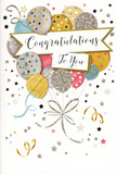 The congratulations card in this image resembles a little sky full of celebratory balloons, perfectly suited to accompany a bouquet delivered across Marylebone. At centre stage, a cluster of illustrated balloons seems to float upwards, layered in soft, harmonious tones: warm gold, muted silver, pale champagne, powder blue, blush pink, and gentle grey. Each balloon is finished with its own delicate decoration-tiny metallic stars, fine stripes, or dustings of glitter-like specks-creating an impression of subtle sparkle and tactile richness, as though you could feel the raised shine under your fingertips. The balloons are loosely bound by thin, curling ribbons drawn in shimmering gold and silver, their lines looping and twisting downward in playful curves that recall party streamers drifting across a table in a chic Marylebone apartment. Scattered around the bouquet, smaller stars, dots, and swirling motifs float across a light, softly glowing background, suggesting confetti in mid-flight at the moment someone shares great news. Through the middle of the balloons runs a graceful banner, gently arched and shaded to look softly folded, carrying the message Congratulations To You in stylish, sweeping script that adds a touch of formality and warmth. The overall effect is uplifting, airy, and sincerely proud, exactly the kind of card you might choose to celebrate a new job near Baker Street, a first home off Marylebone High Street, or any meaningful achievement where you want to send not just words, but a feeling of shared joy and admiration.