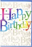The image shows a radiant birthday card that seems to glow with colour, much like the lively café fronts and shop windows scattered around Marylebone on a celebratory day. The main feature is the phrase Happy Birthday, spelled out in large, rounded letters that sweep across the card with a carefree, almost dancing energy. Each letter is individually coloured, yet they flow into a continuous rainbow from deep cherry red through rosy pink, vivid cobalt blue, lush green, and finally into bright, sunshine yellow, evoking the cheerful mix of balloons and bunting one might see at a birthday gathering in a local Marylebone restaurant. The colours are strong but softly graded, giving the letters a smooth, velvety appearance as though lightly airbrushed. Behind the bold wording, the background is filled with a repeating motif of Happy Birthday to you written in graceful gold script, each line slightly tilted to create a sense of movement. The metallic ink twinkles subtly when light hits it, a bit like the evening glow on the façades around Marylebone High Street after sunset. Interspersed throughout are small coloured stars and confetti-like specks that seem to float between the letters, adding a playful scatter of detail without dominating the composition. The card's surface looks sleek and gently reflective, suggesting a quality finish that feels special to hold. The overall mood is exuberant yet polished - a design that would pair perfectly with a vibrant bouquet delivered to a flat off Baker Street or a townhouse near Manchester Square, turning a simple birthday wish into a moment that feels sincerely celebrated.
