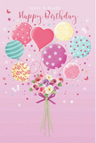 Whimsical pastel birthday illustration featuring a floating bouquet of balloons and flowers that looks as if it could drift above the tree-lined streets of Marylebone. The design sits on a soft pink background that recalls the inside of a luxury card boutique off Marylebone High Street. At the bottom centre, a neat hand-tied bouquet gathers delicate roses and anemone-like blooms, their petals feathery and soft, shaded in creamy ivory, blush pink, and muted mauve. A violet satin bow wraps around the stems, the ribbon's texture smooth and slightly glossy, as if just tied by an attentive florist preparing a birthday delivery near Baker Street. From this floral base, a cluster of pastel balloons lifts upward, creating a sense of joyful movement. The balloons vary in shape and detail: some round with candy-coloured stripes, others dotted with playful polka patterns, and a prominent heart-shaped balloon glowing in warm pink at the centre. The colours-soft rose, seafoam green, lemon yellow, and lavender-blend harmoniously without overpowering the gentle mood. Imagined sunlight glances off the balloons, creating delicate highlights, while the flowers below remain softly illuminated, full of texture and depth. Tiny stars and a few fluttering butterflies are scattered across the scene, lending a subtle storybook magic, as if the bouquet has just taken flight from a hidden courtyard garden near Devonshire Place. The whole image radiates lightness, affection, and birthday excitement, perfectly suited to accompany a thoughtful floral gift sent across Marylebone.