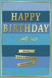 Stylish birthday card in layered shades of blue and gold, captured as though sitting beside a small vase of fresh blooms in a Marylebone home. The entire background of the card is built from broad, horizontal bands of blue, each stripe a distinct tone-from deep navy at the top, through denim and teal, to a softer, paler blue near the bottom-creating a gentle ombre effect reminiscent of fading evening light around nearby Regent's Park. Across the middle section, the words HAPPY BIRTHDAY stretch wide in bold, capital letters, embossed in gleaming metallic gold. The lettering appears slightly raised, with a warm, reflective sheen that stands out clearly against the calm blues without feeling loud. Directly beneath, a decorative golden flourish sweeps gracefully from left to right, like a stylised vine or scroll, adding a classic, slightly vintage charm. Below this flourish, three slim gold banners are aligned one on top of the other, each banner holding part of the friendly message: Relax, have a great day and enjoy! These banners echo the same metallic gold tone, giving a sense of continuity. A fine gold border encloses the design, tracing the perimeter of the card with a clean, precise line that completes the composition. The card stock appears sturdy yet refined, with a matte texture that contrasts with the glossy, embossed gold details. The overall mood is restful and happy, like a quiet birthday morning in Marylebone, making this card an inviting companion to a hand-delivered bouquet arranged by local florists in the area.