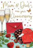 An elegant anniversary card scene unfolds like a private celebration in a Marylebone home, captured in warm, inviting illustration. At the back of the composition, two slim champagne flutes stand perfectly aligned, filled with sparkling golden champagne whose rising bubbles seem to shimmer like streetlights along Marylebone High Street after dark. In front of them, a heart-shaped box of chocolates commands attention, its rich red lid swung partly open and tied with a wide, luxurious bow that pools like soft satin ribbon on a table. Inside, carefully placed chocolates nestle in their tray, each one dark, glossy, and temptingly smooth. To one side, two deep red roses rest atop lush greenery, their petals unfurling in generous, velvety layers, as though freshly chosen from a local florist near the station for an anniversary delivery. A few scattered chocolates and tiny illustrated hearts dot the foreground, adding a playful note of indulgence. A vivid scarlet envelope, sealed with a small heart, lies within easy reach, suggesting meaningful words written for a much-loved couple or for Mum & Dad on their special day. Around the entire arrangement, small gold and crimson hearts drift gently against a light background, framing the scene with romance and joy. The mood is one of cosy sophistication, reminiscent of an evening spent in a Marylebone apartment with soft music, gentle laughter, and the quiet gratitude that comes from a love that has grown deeper over the years.